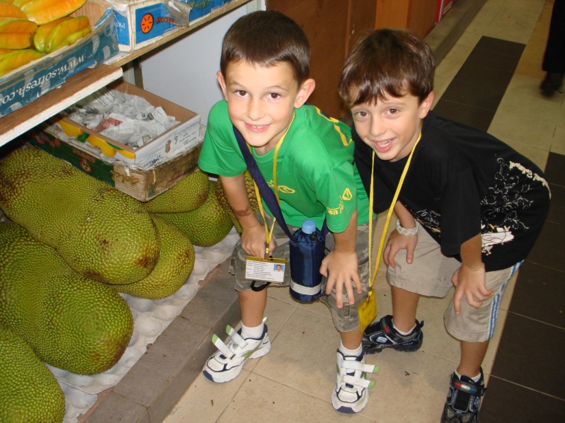 Ben and Oliver admire the giant jackfruit